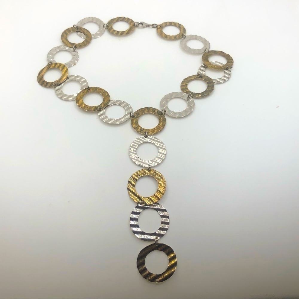 Vtg Sterling Silver Two Tone Hammered Circles Drop Necklace 16” + 4” Drop